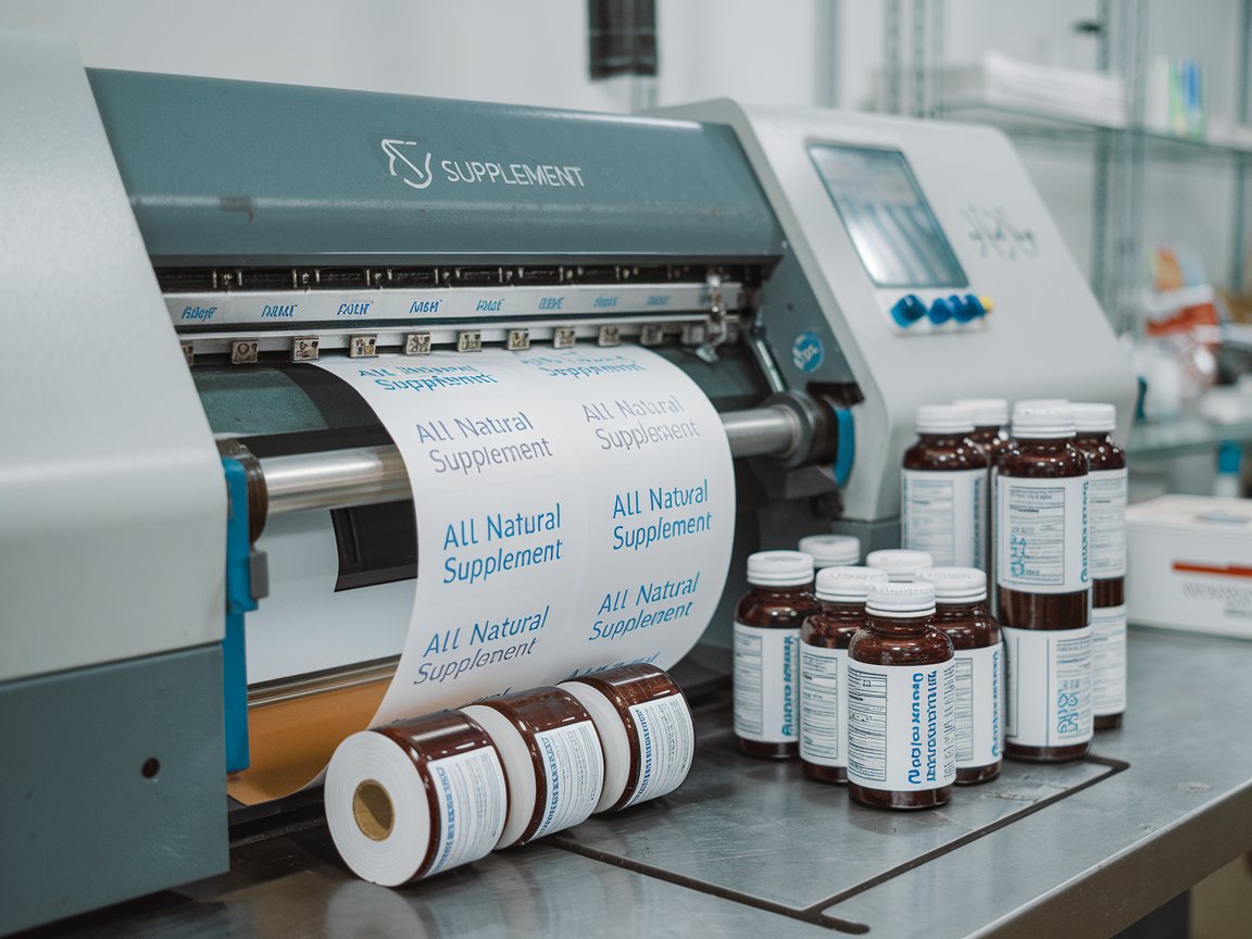 A machine printing labels for bottled supplements.